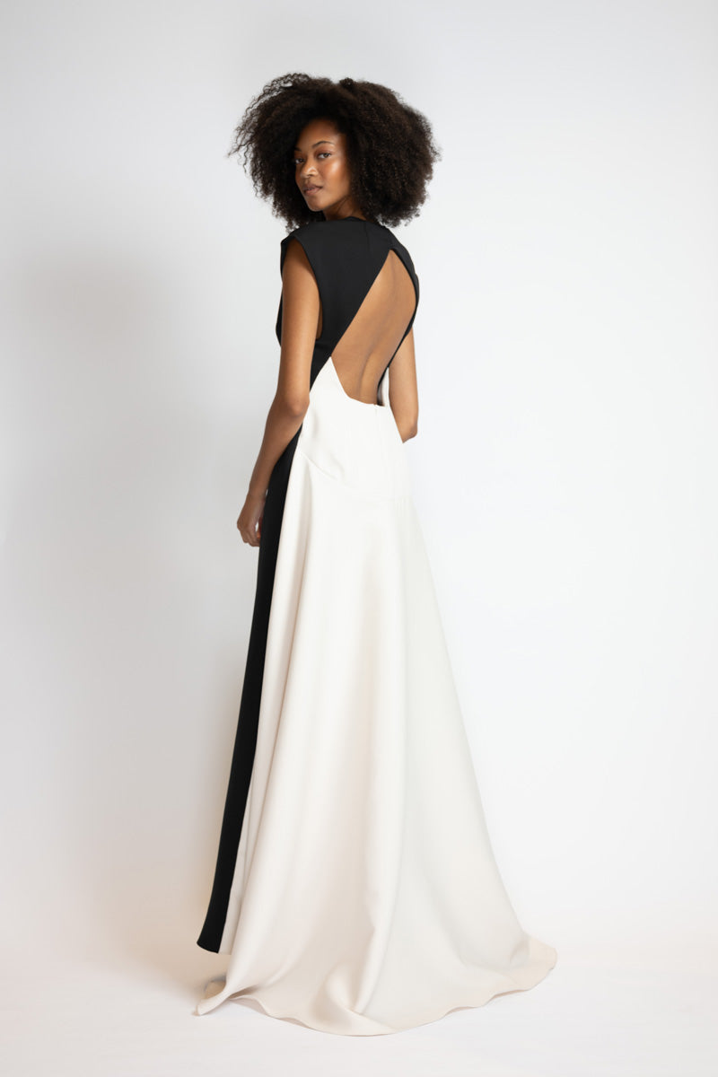 Black Cady Gown With Ivory Cady Train And Open Back 3