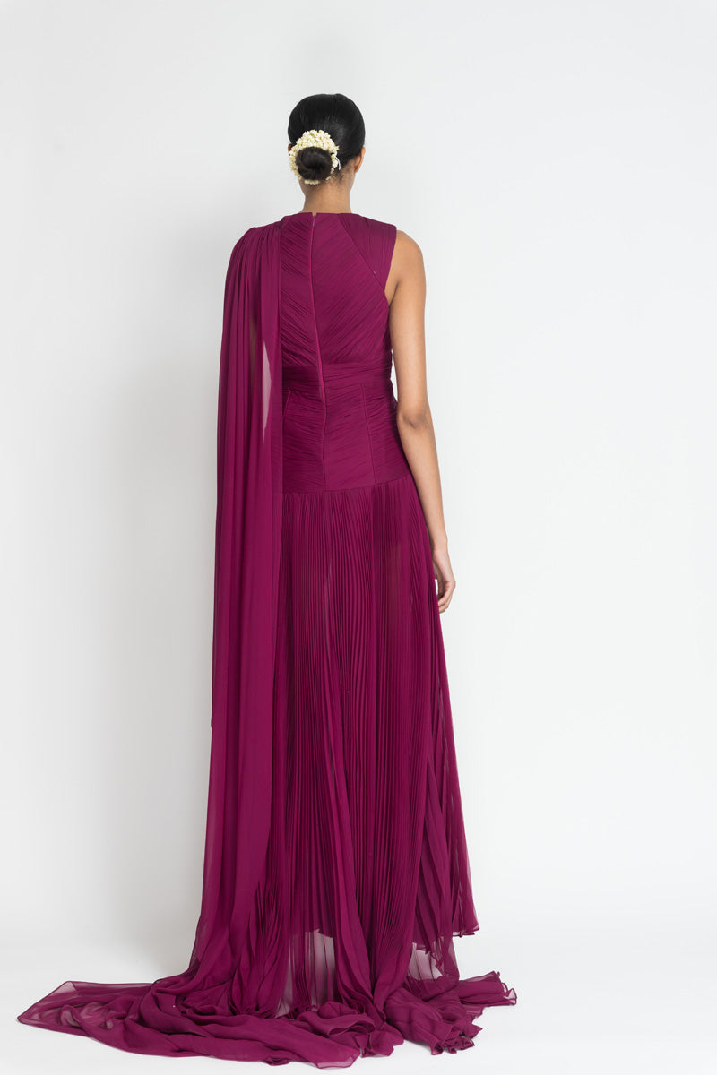 Berry Silk Chiffon Hand Pleated Gown 4