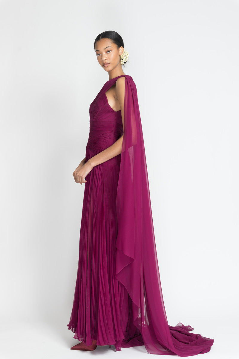 Berry Silk Chiffon Hand Pleated Gown 3