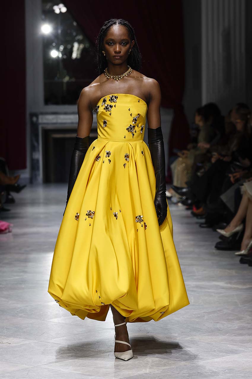 Marigold Faille Gown with Jugnu Embroidery with Bubble Hem Front Runway