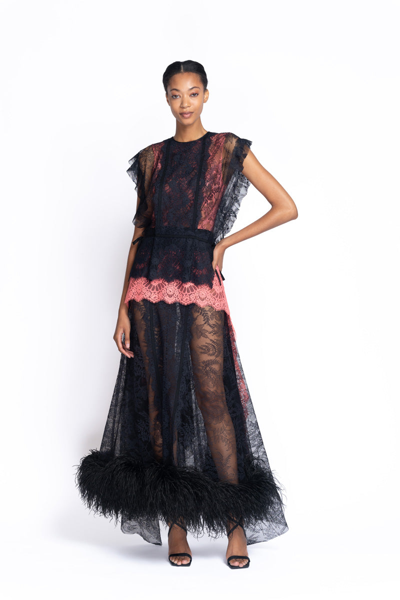 Onyx and Hibiscus Chantilly Lace Rialto Dress with Feathered Hem 2