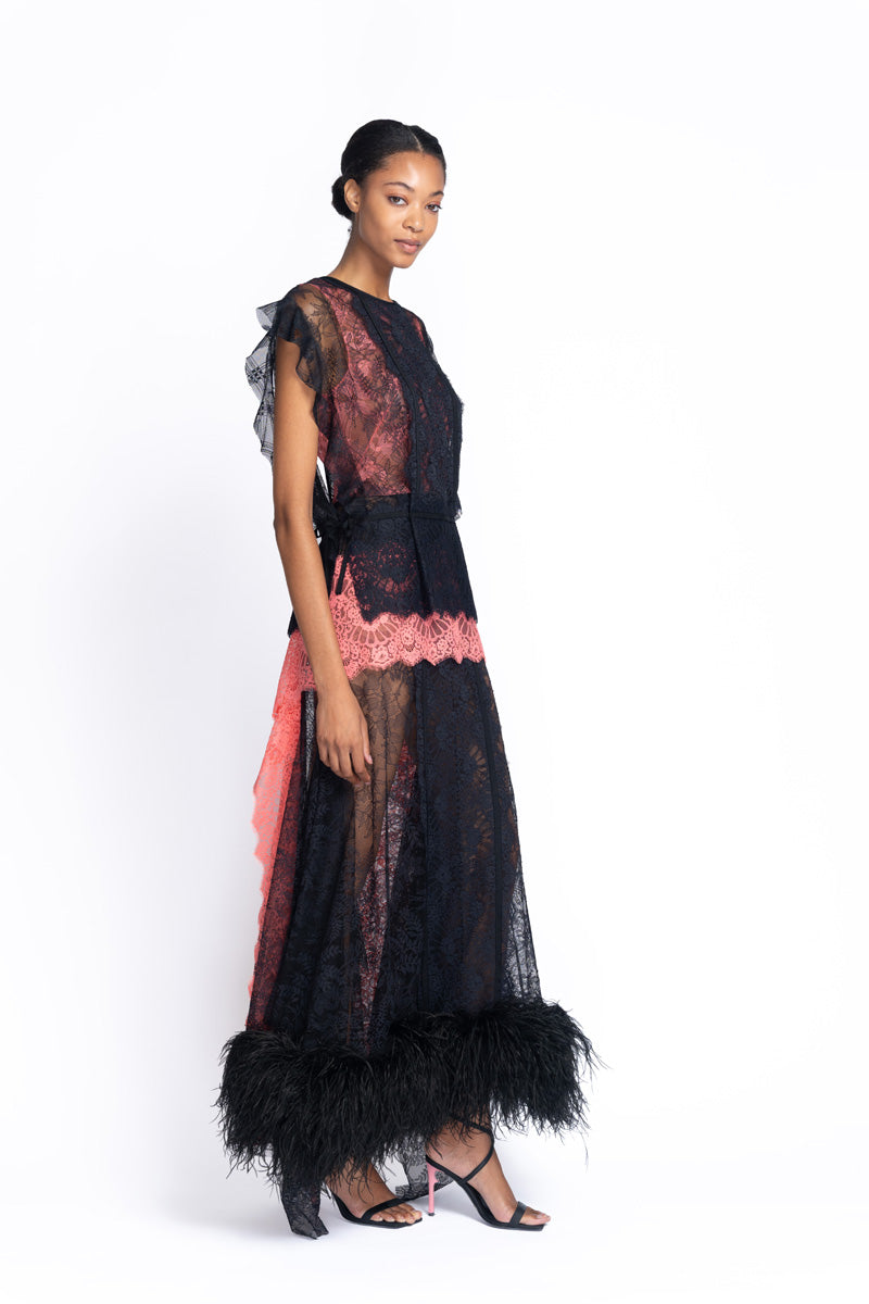 Onyx and Hibiscus Chantilly Lace Rialto Dress with Feathered Hem 3