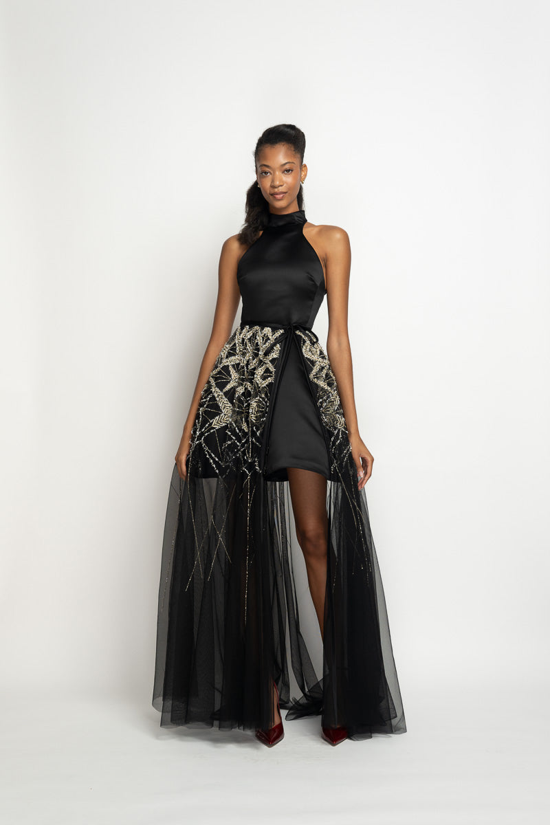 Onyx Double Face Duchess Satin Halter Dress with Bell Skirt and Sitara Embroidered Tulle Pareo 2