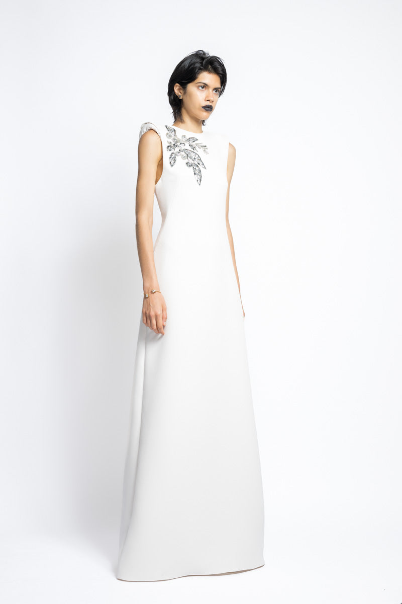 Bay Leaf Sequin And Crystal Embroidery Cady Gown With Sharp Shoulders 4