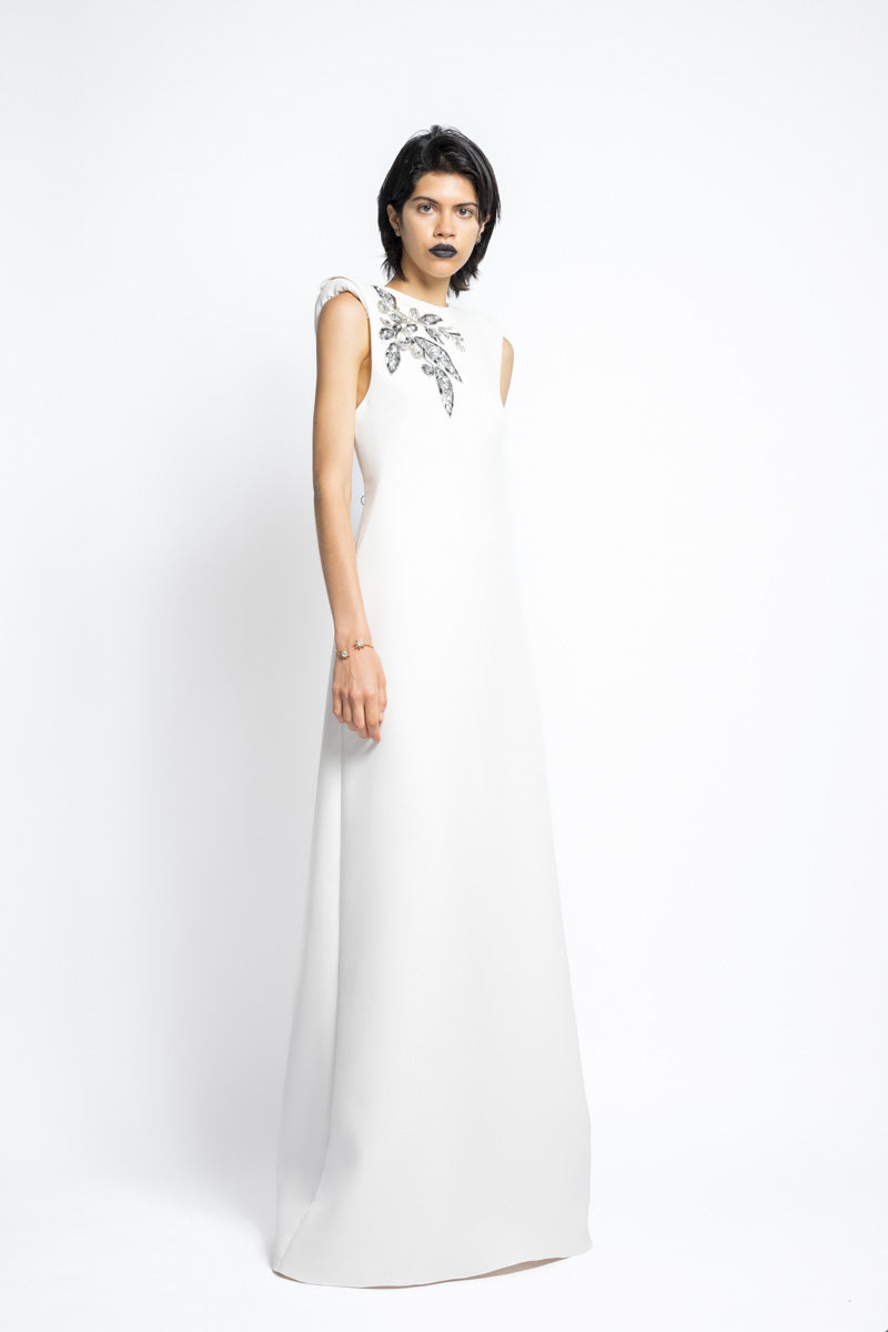 Bay Leaf Sequin And Crystal Embroidery Cady Gown With Sharp Shoulders 5