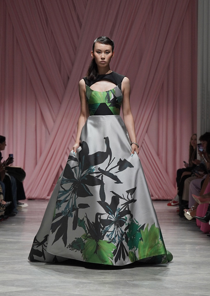 Silver Lata Print Barathea Ball Gown 1