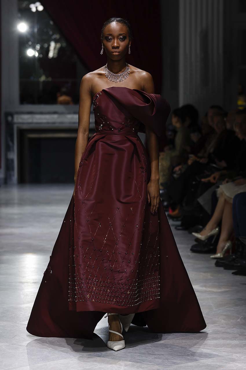 Claret Faille Gown with Noor-Jaal Embroidery Front Runway