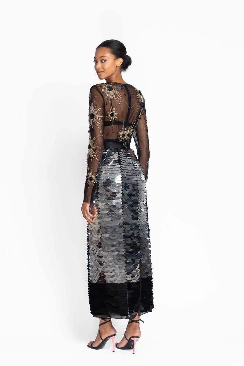 Silver to Onyx Wave Embroidered Column Skirt 4