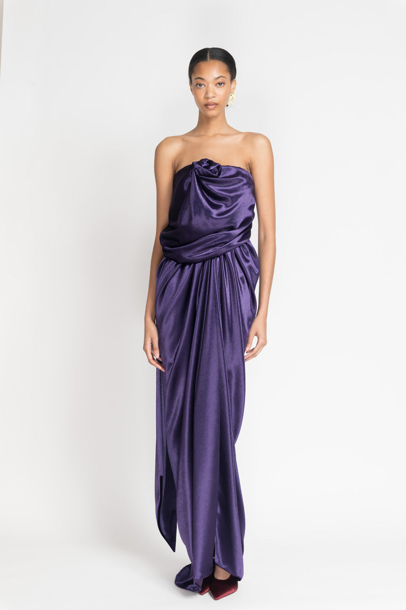 Purple Panne Velvet Strapless Sari Gown 2