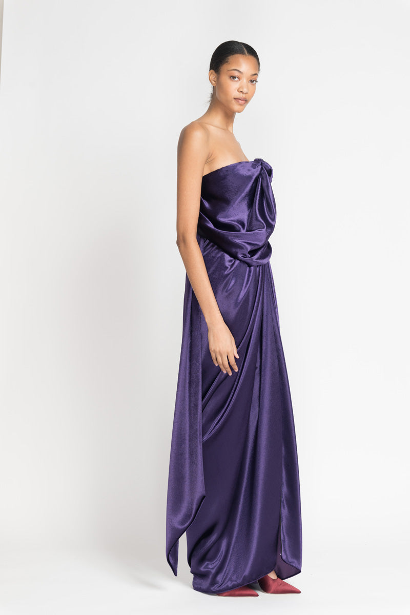 Purple Panne Velvet Strapless Sari Gown 3