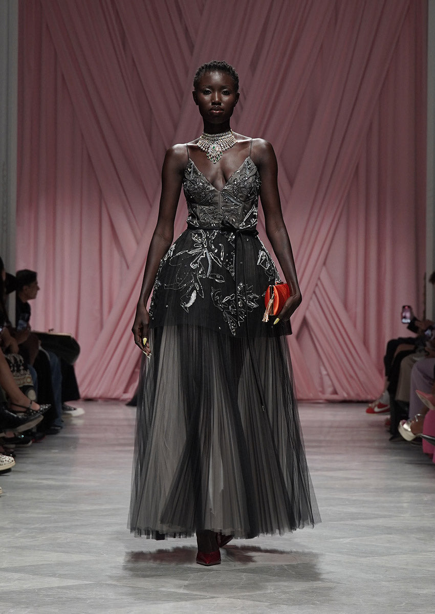 Lata Embroidered Onyx Tulle Gown with Bell Skirt and Tulle Underskirt 1