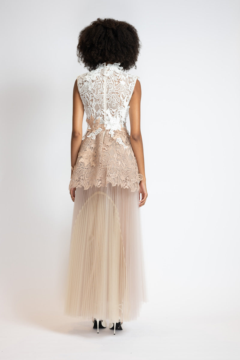 Ivory And Almond Nomad Lace Gown With Almond Pleated Tulle Skirt 4