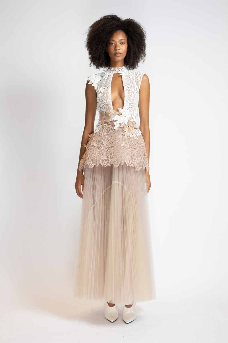 Ivory And Almond Nomad Lace Gown With Almond Pleated Tulle Skirt 1