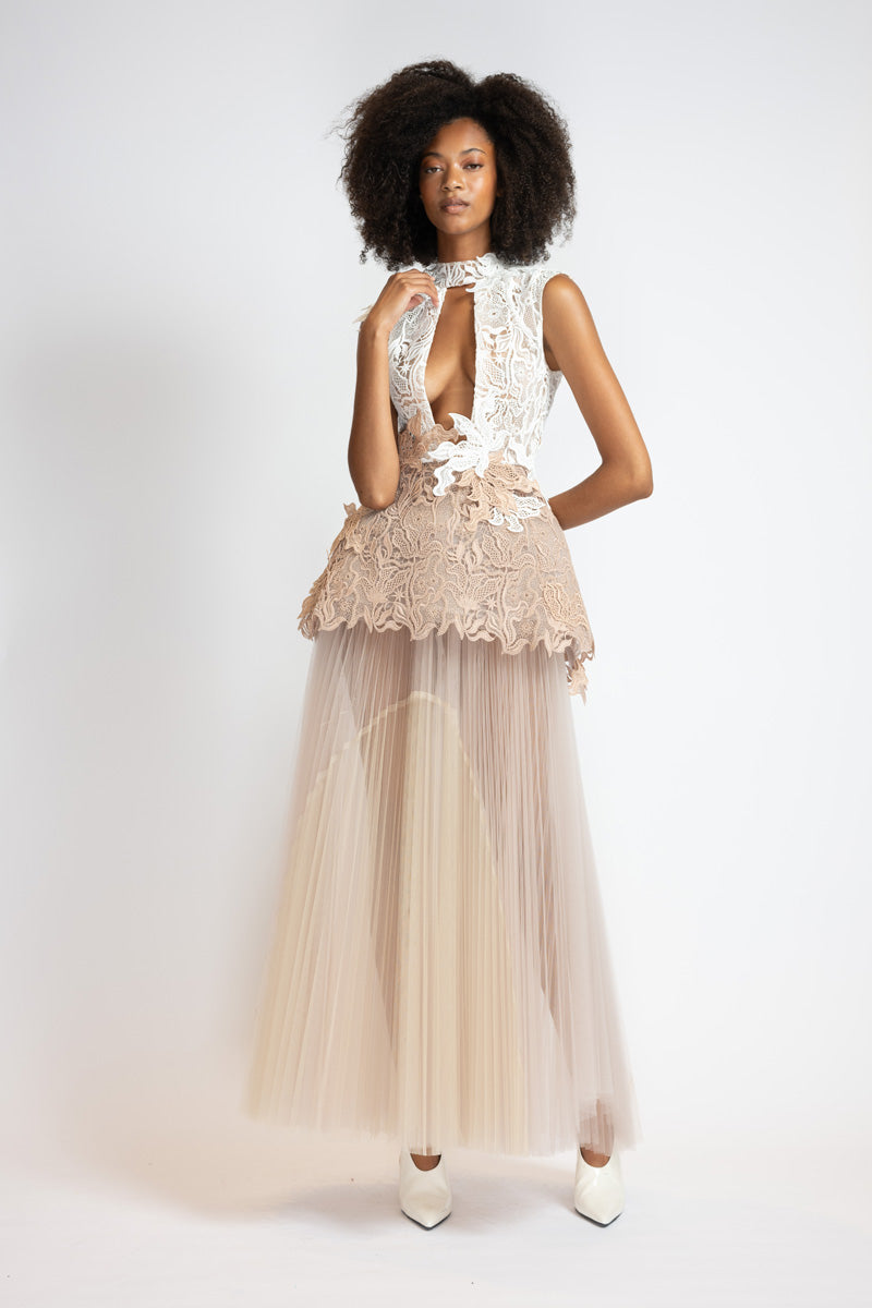 Ivory And Almond Nomad Lace Gown With Almond Pleated Tulle Skirt 2