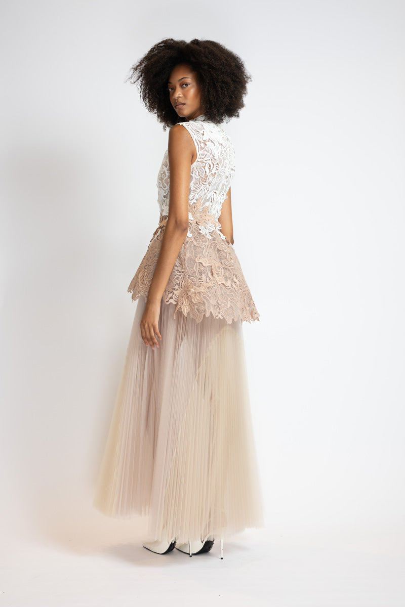 Ivory And Almond Nomad Lace Gown With Almond Pleated Tulle Skirt 3