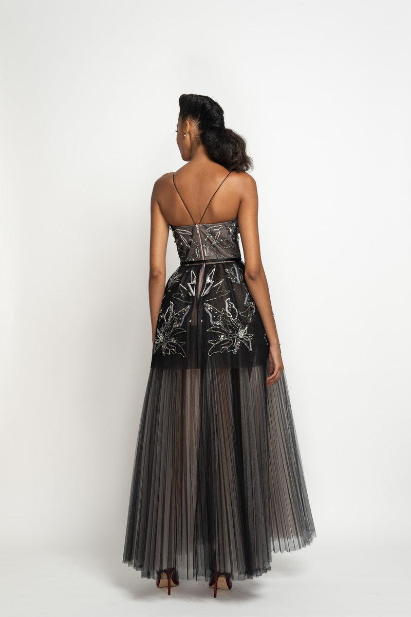 Lata Embroidered Onyx Tulle Gown with Bell Skirt and Tulle Underskirt 5