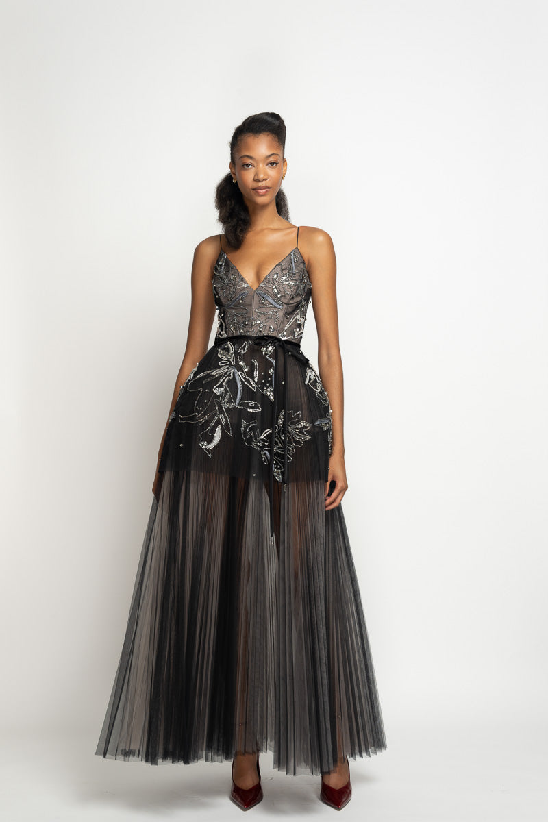 Lata Embroidered Onyx Tulle Gown with Bell Skirt and Tulle Underskirt 2