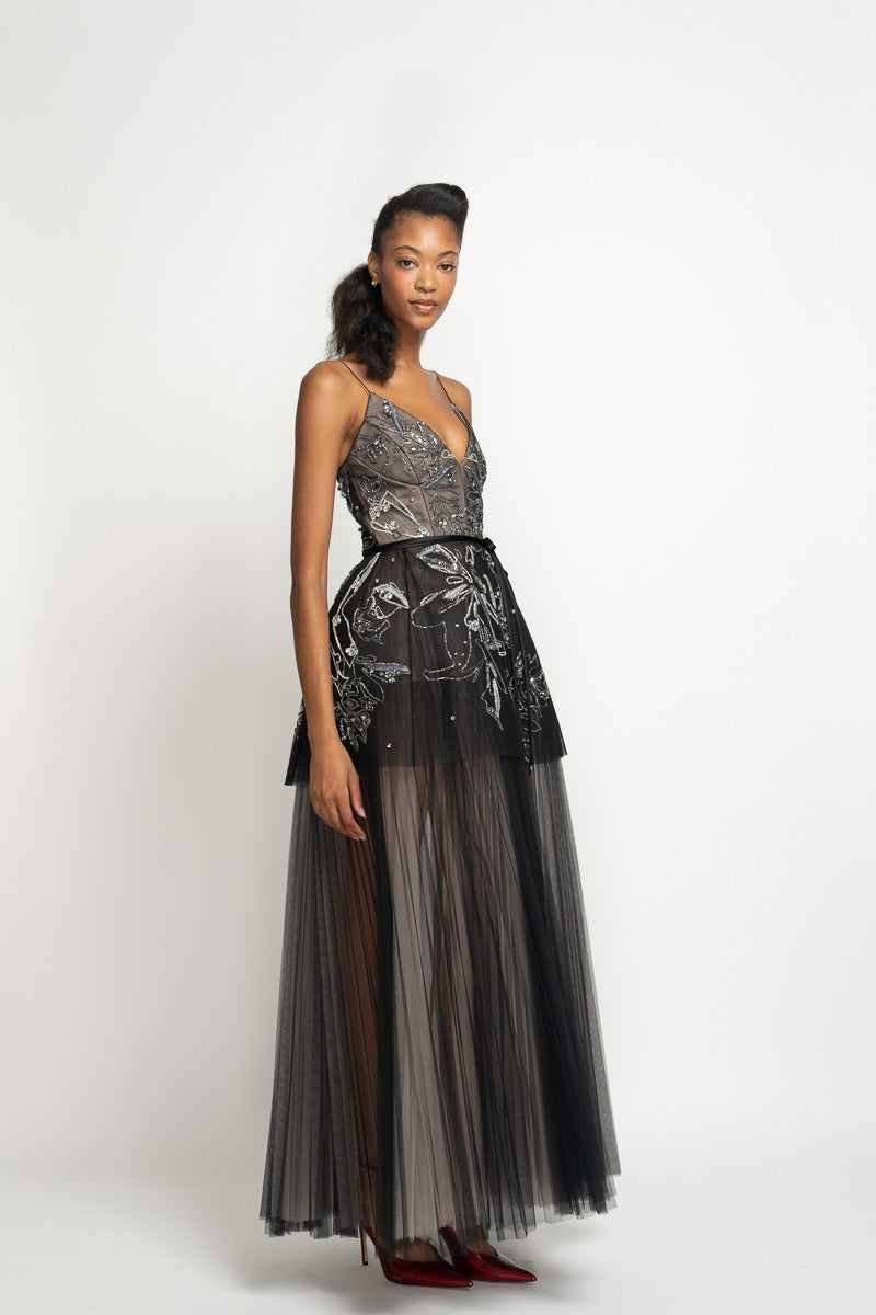 Lata Embroidered Onyx Tulle Gown with Bell Skirt and Tulle Underskirt 3