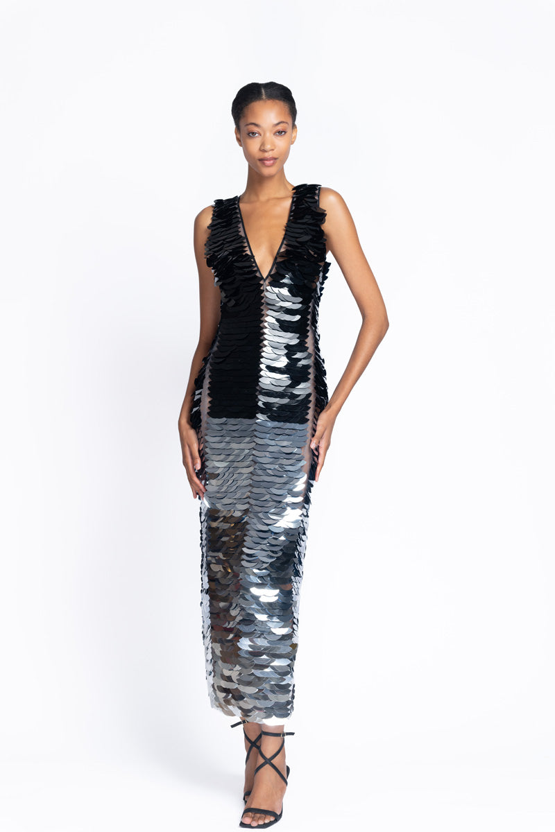 Onyx To Silver Wave Embroidered Tulle Sheath Dress 2
