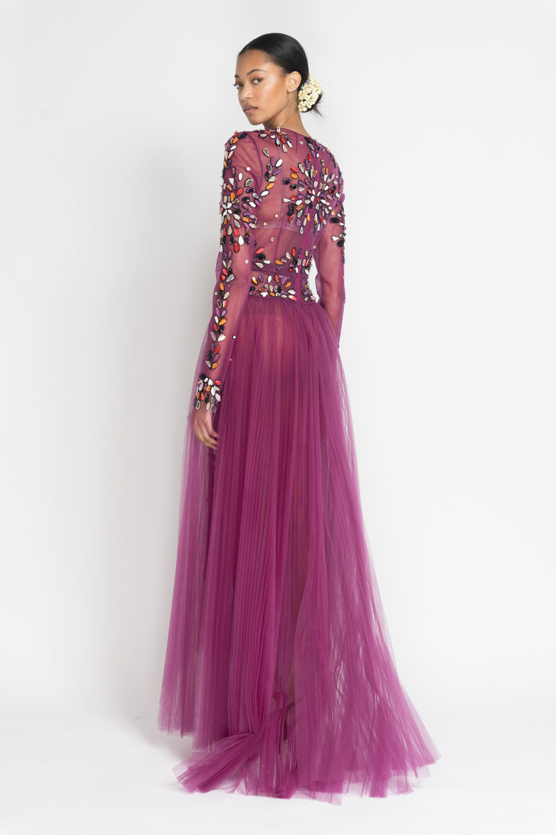 Berry Tulle Gown With Sashi Fire Embroidery And Pleated Train 5