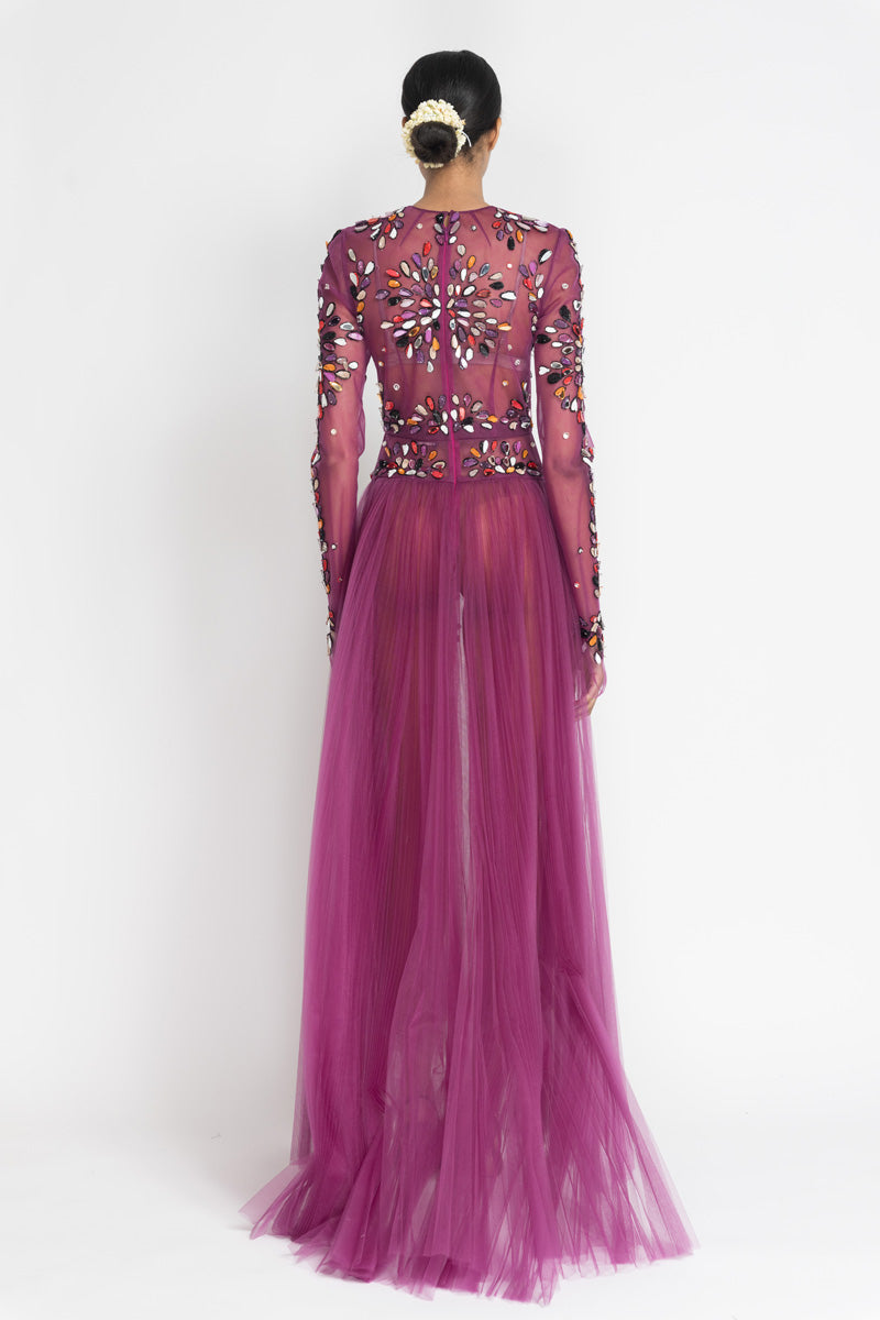 Berry Tulle Gown With Sashi Fire Embroidery And Pleated Train 4