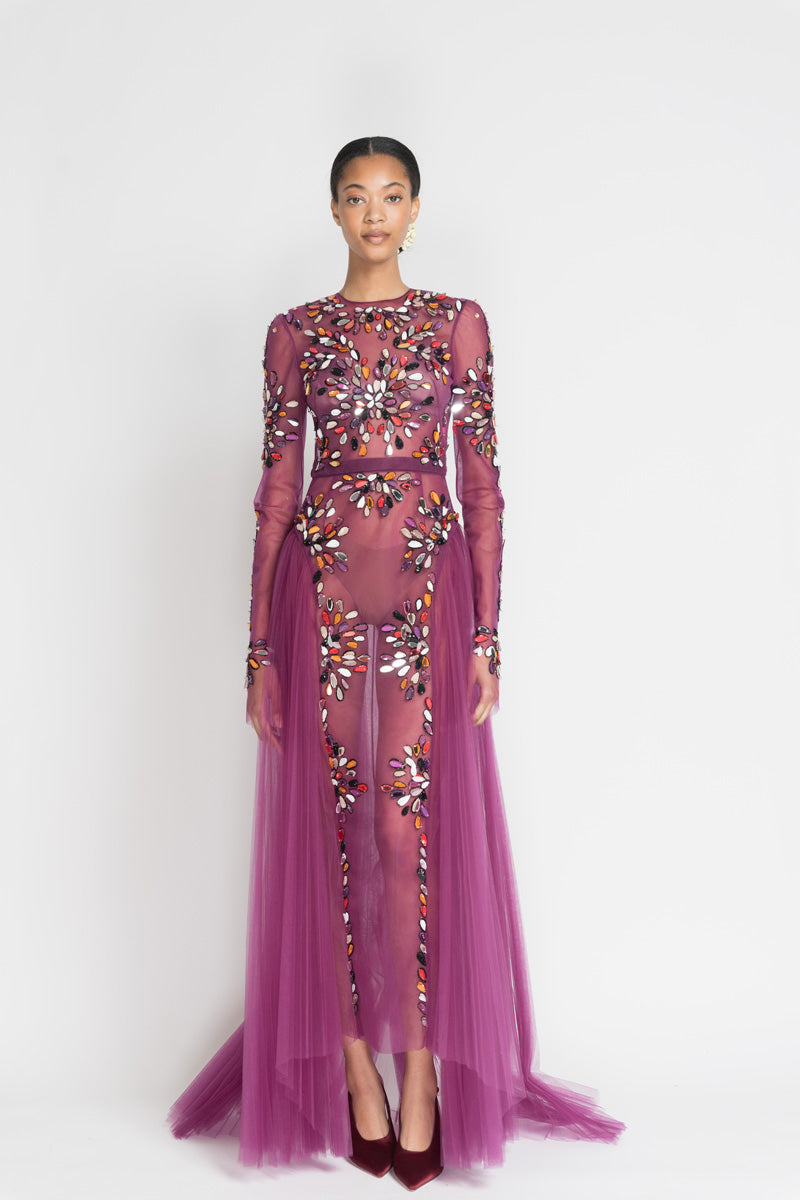 Berry Tulle Gown With Sashi Fire Embroidery And Pleated Train 2