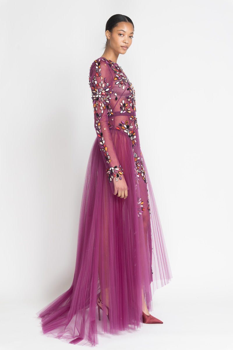 Berry Tulle Gown With Sashi Fire Embroidery And Pleated Train 3