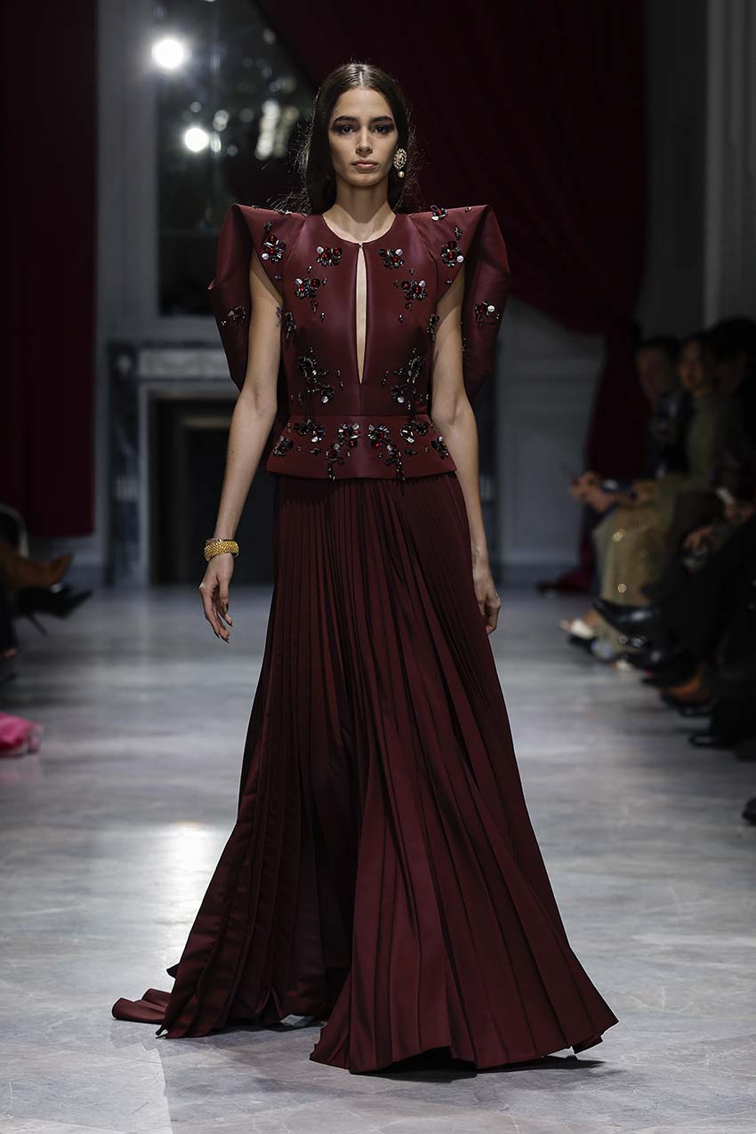 Claret Faille Jugnu Embroidered Gown with Draped Wings and Pleated Skirt Front Runway