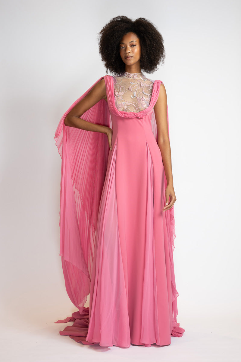 Camellia Crepe And Chiffon Gown With Glass Petal Embroidery Bodice 1