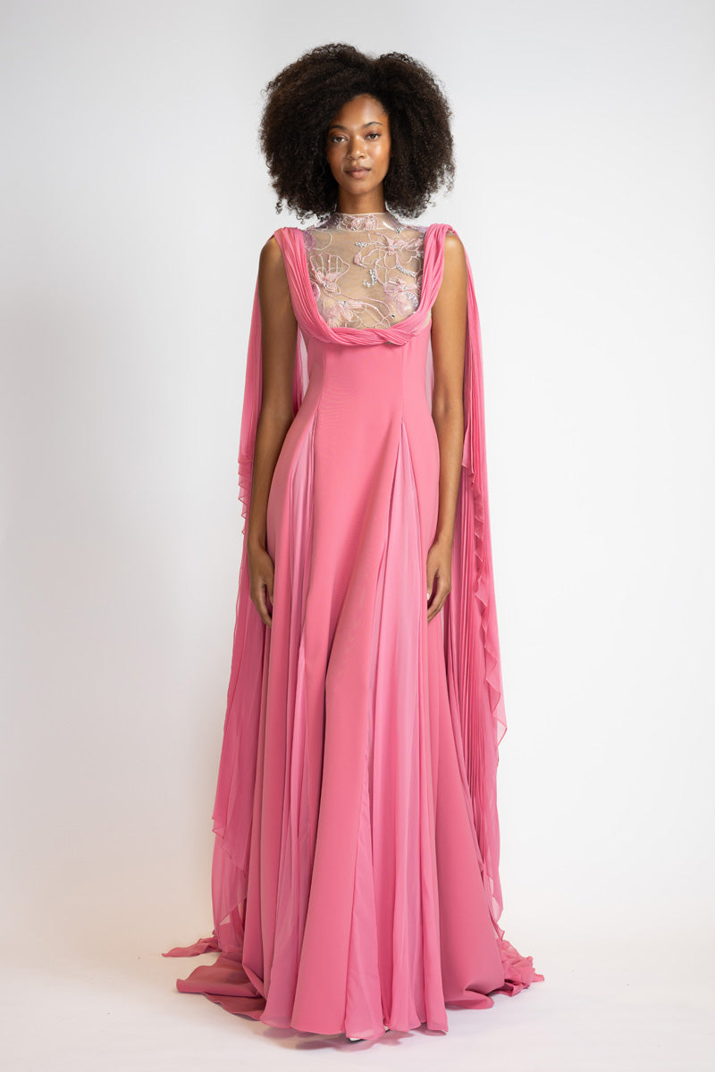 Camellia Crepe And Chiffon Gown With Glass Petal Embroidery Bodice 2