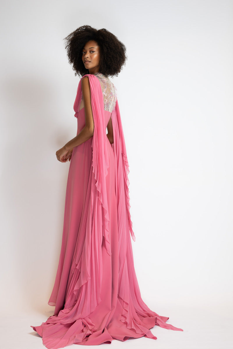 Camellia Crepe And Chiffon Gown With Glass Petal Embroidery Bodice 4