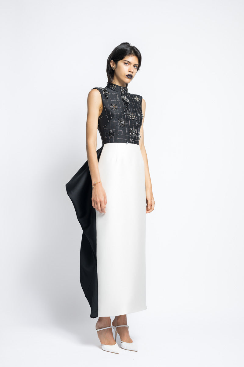 Color Blocked Gazar Cocktail Dress With Morning Glory Lattice Crystal Embroidery And Draped Back Skirt 3