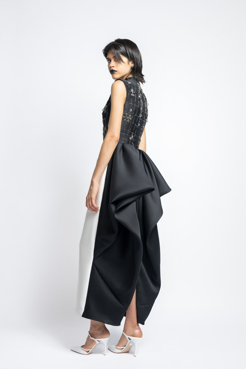 Color Blocked Gazar Cocktail Dress With Morning Glory Lattice Crystal Embroidery And Draped Back Skirt 4