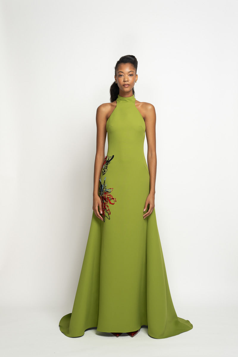 Olive Cady Halterneck Gown with Lata Embroidery 2