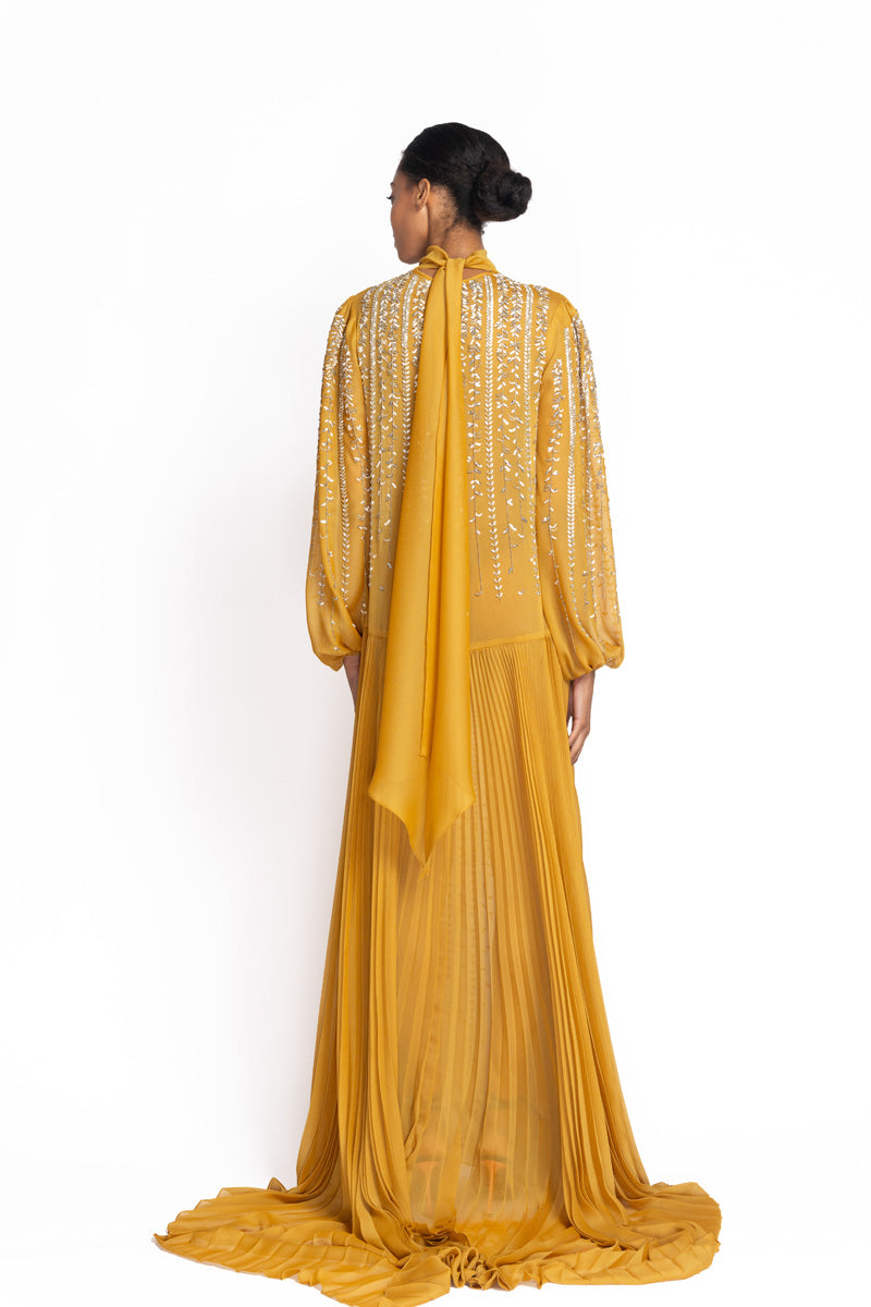 Tuscan Embroidered Marigold Sheer Crepe Dress 5