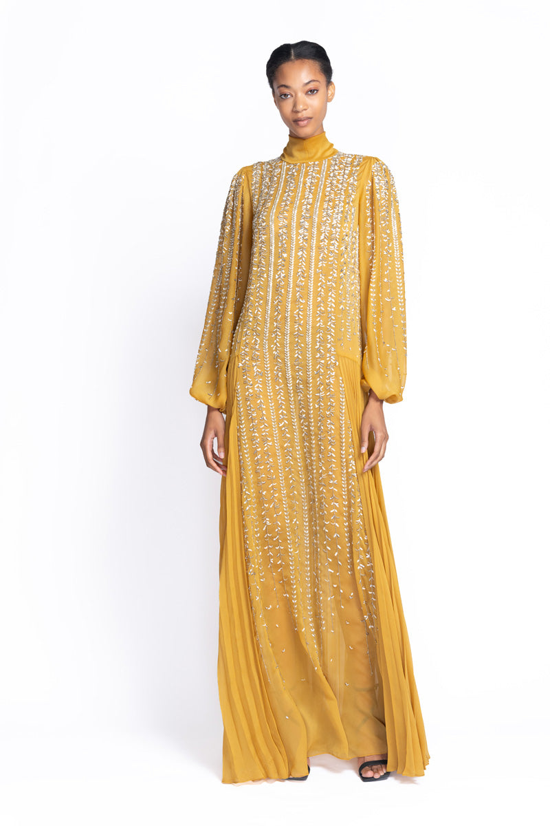 Tuscan Embroidered Marigold Sheer Crepe Dress 2