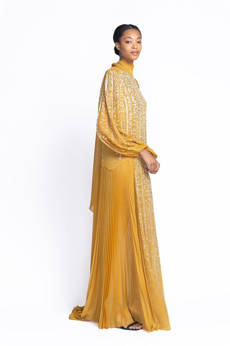 Tuscan Embroidered Marigold Sheer Crepe Dress 3
