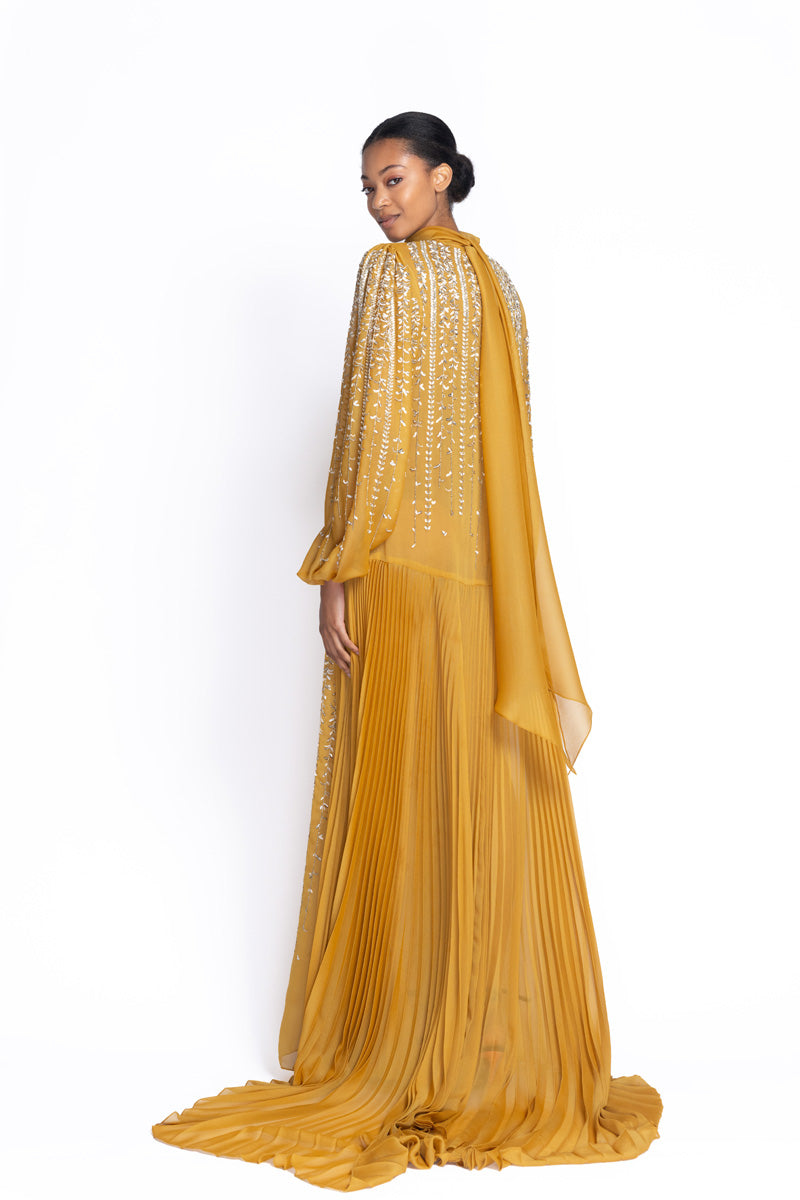 Tuscan Embroidered Marigold Sheer Crepe Dress 4