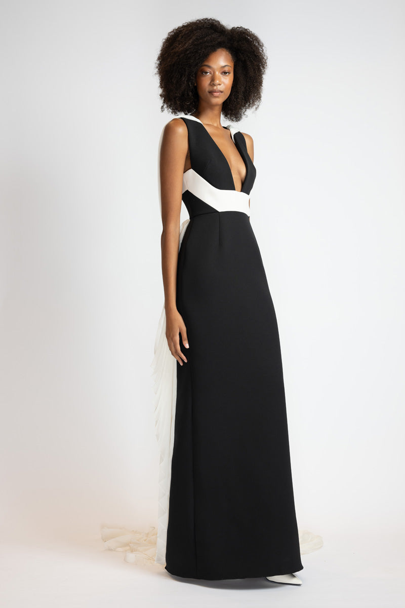 Black Cady Gown With Ivory Cady Harness And Chiffon Cape 4