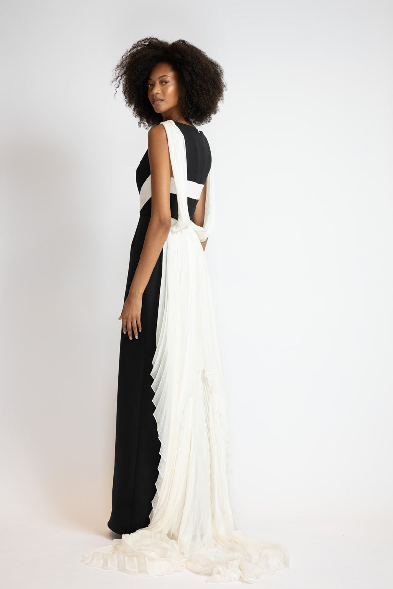 Black Cady Gown With Ivory Cady Harness And Chiffon Cape 5
