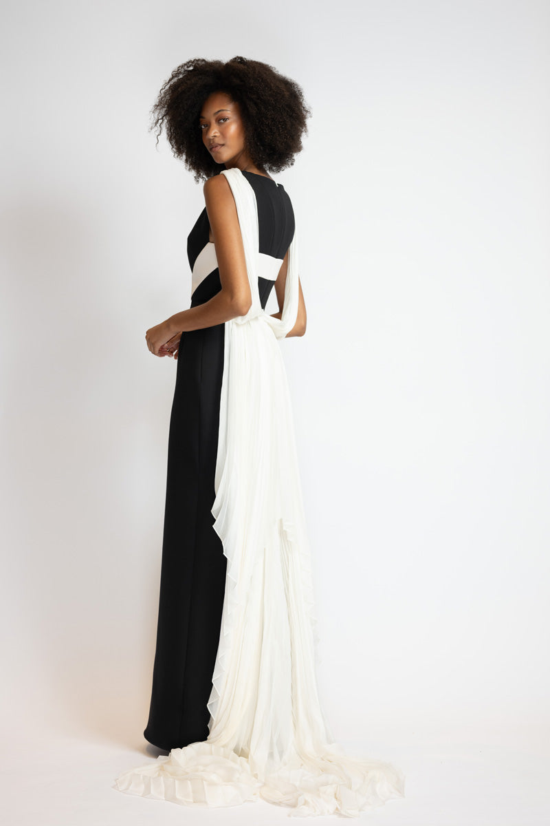 Black Cady Gown With Ivory Cady Harness And Chiffon Cape 6