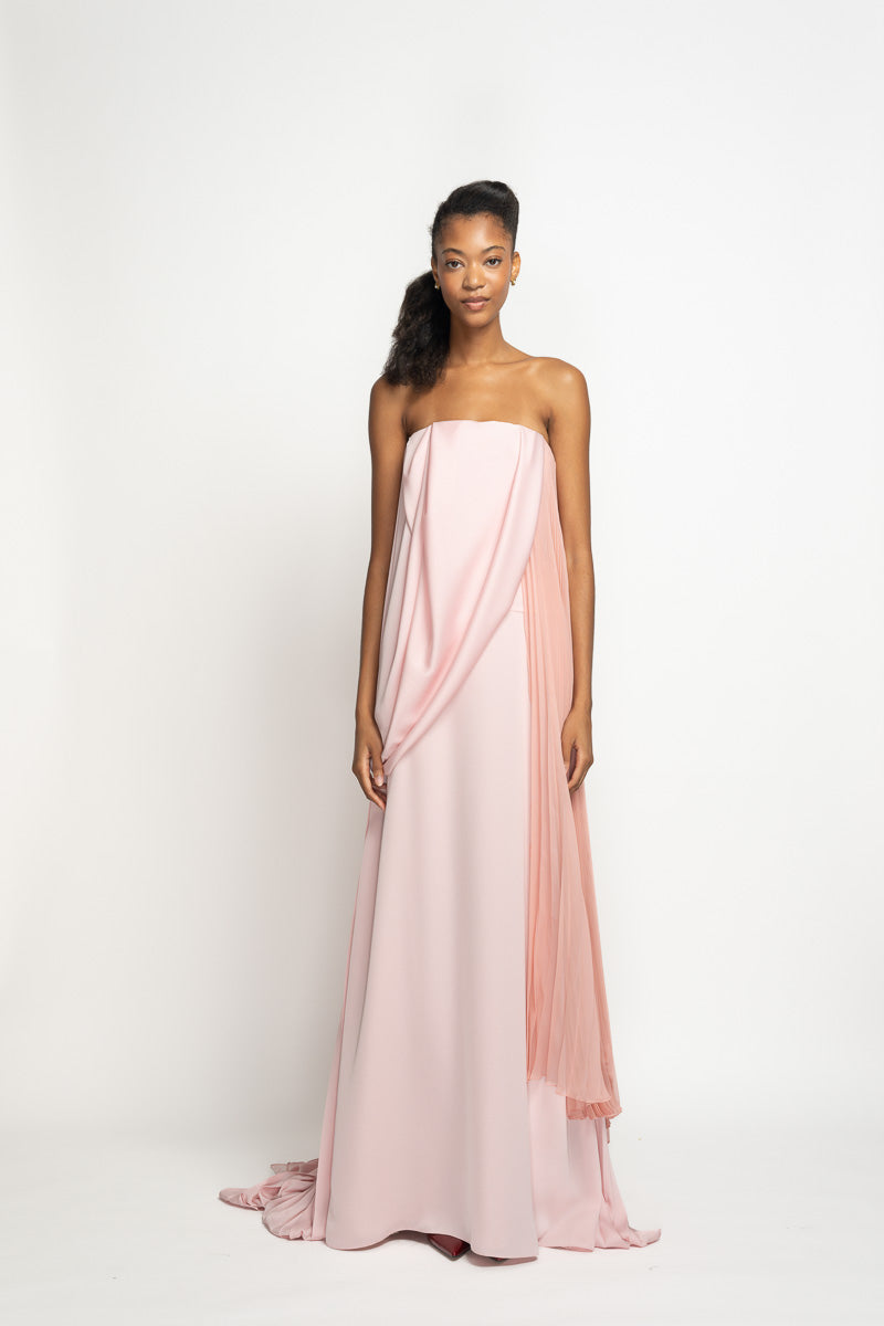 Blossom Satin Crepe Strapless Sari Gown with Pleated Pallu Train 2