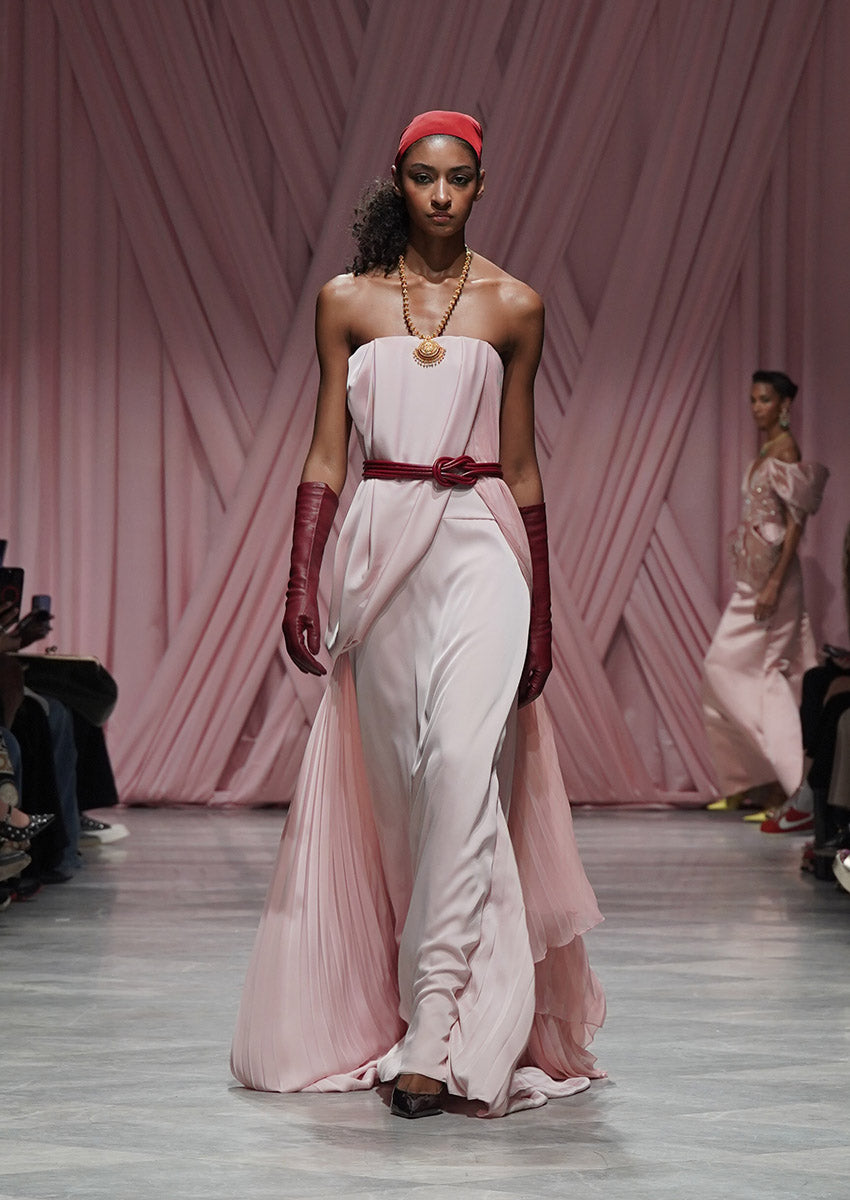 Blossom Satin Crepe Strapless Sari Gown with Pleated Pallu Train 1