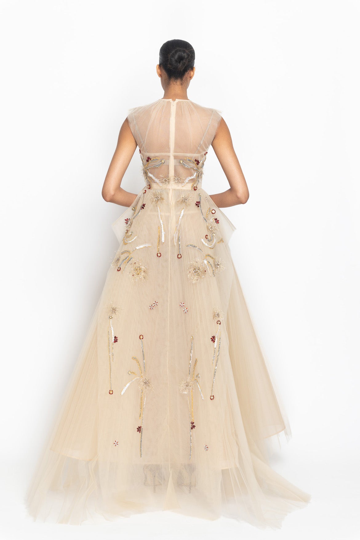 Sand Crystal Radicle Embroidered Pleated Tulle Gown with Apron Drape Back