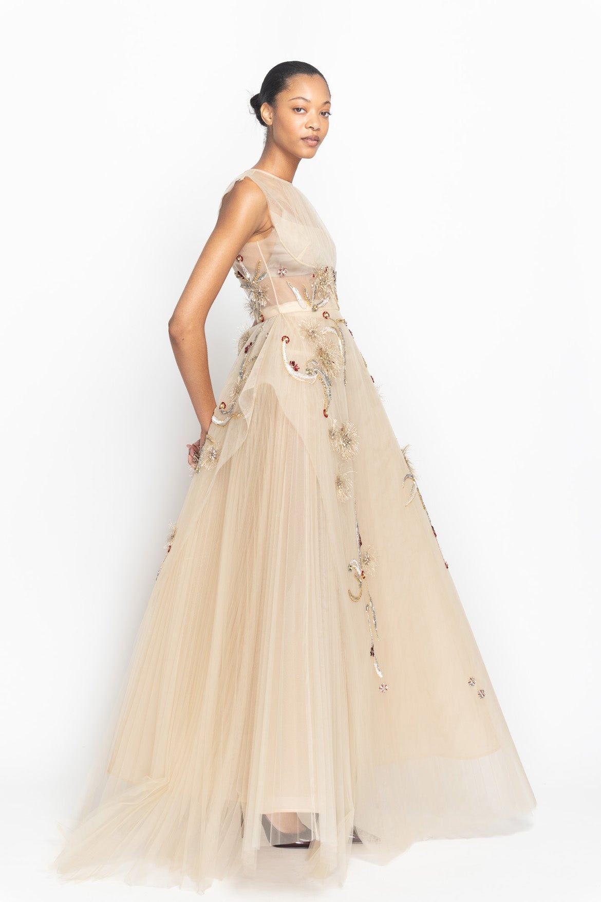 Sand Crystal Radicle Embroidered Pleated Tulle Gown with Apron Drape Side One