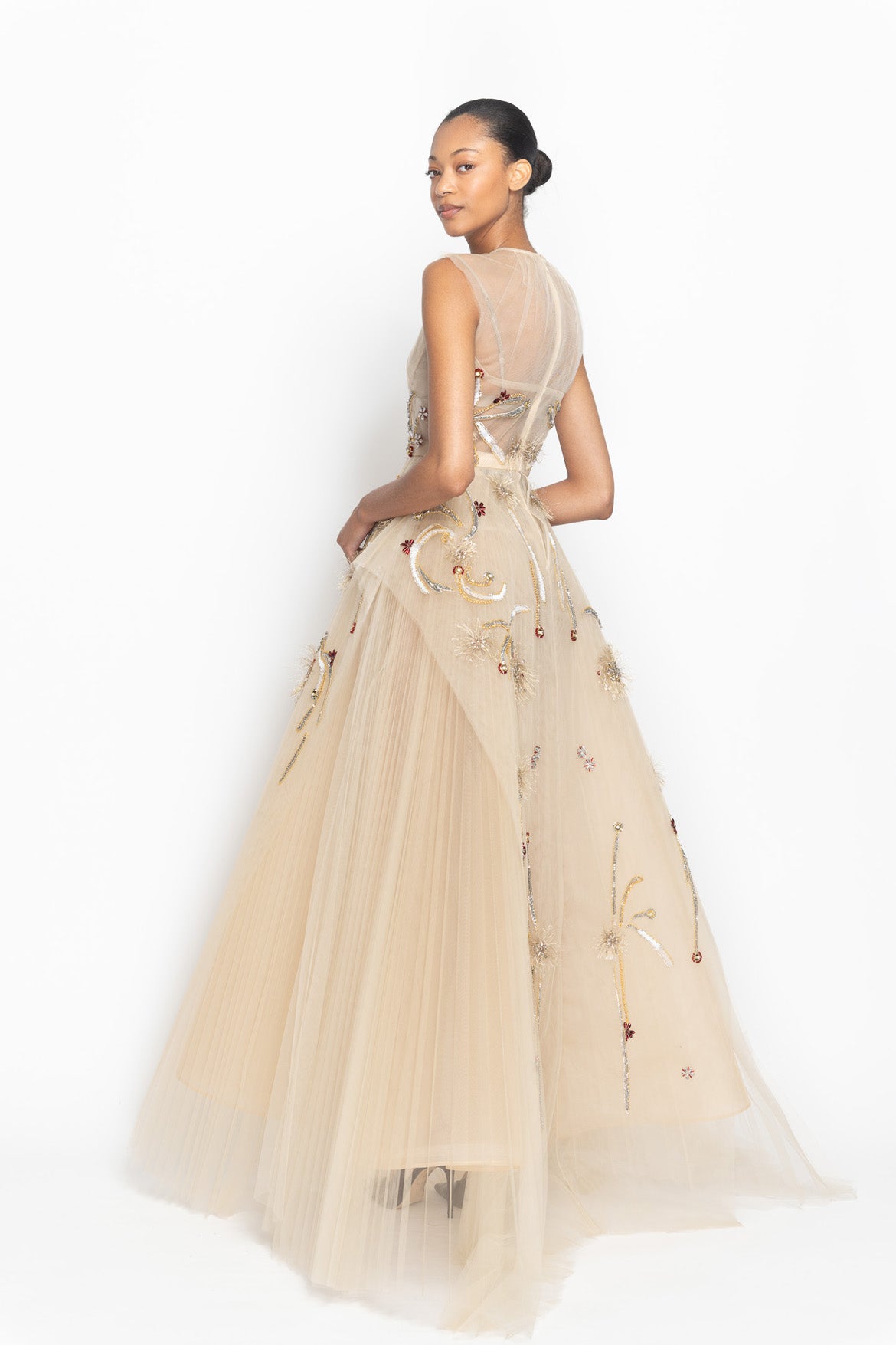 Sand Crystal Radicle Embroidered Pleated Tulle Gown with Apron Drape Side Two