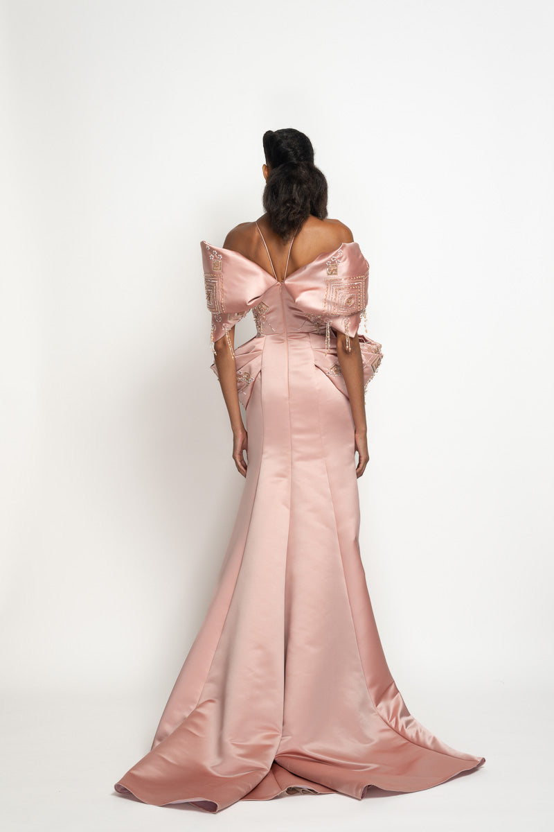 Blossom Double Face Duchess Satin Gown with Alpana Embroidery and Moulding Details 5
