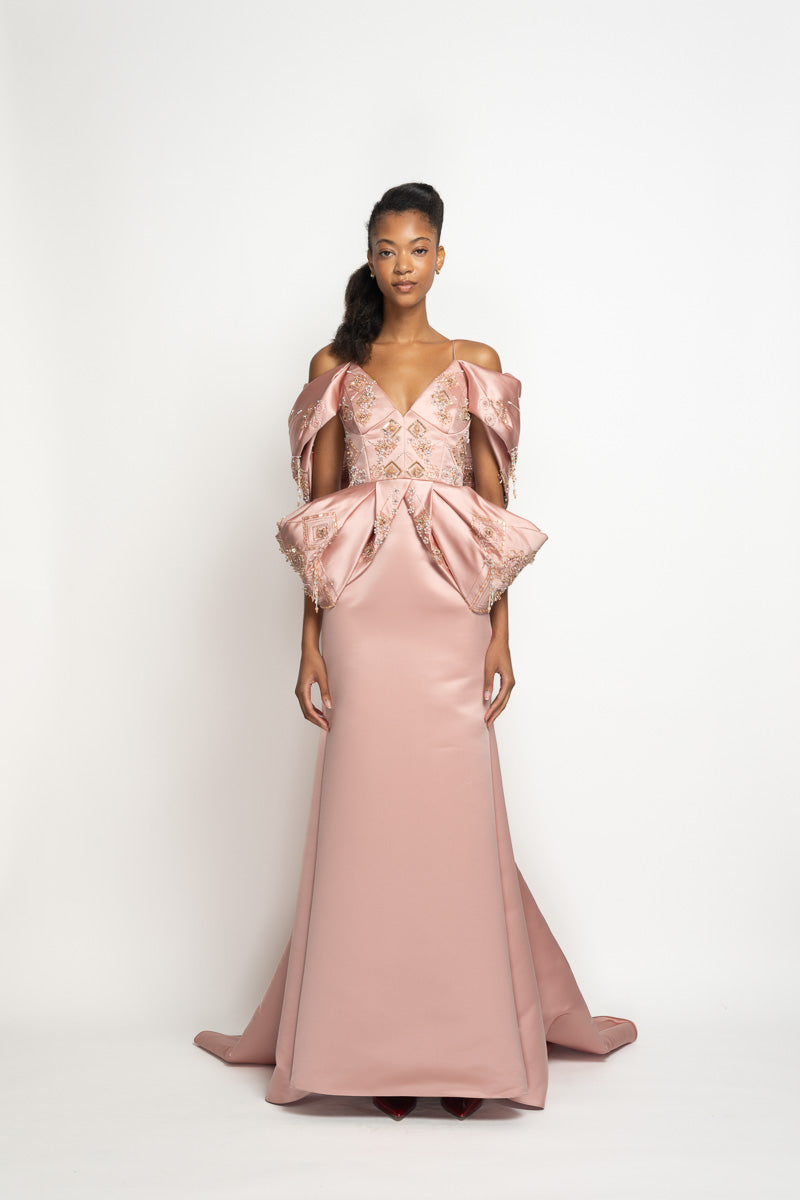 Blossom Double Face Duchess Satin Gown with Alpana Embroidery and Moulding Details 2