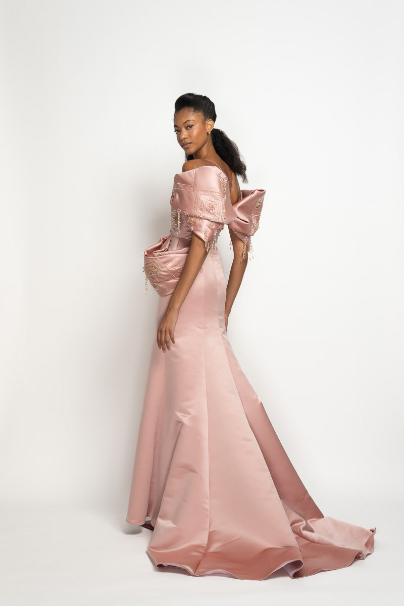 Blossom Double Face Duchess Satin Gown with Alpana Embroidery and Moulding Details 4