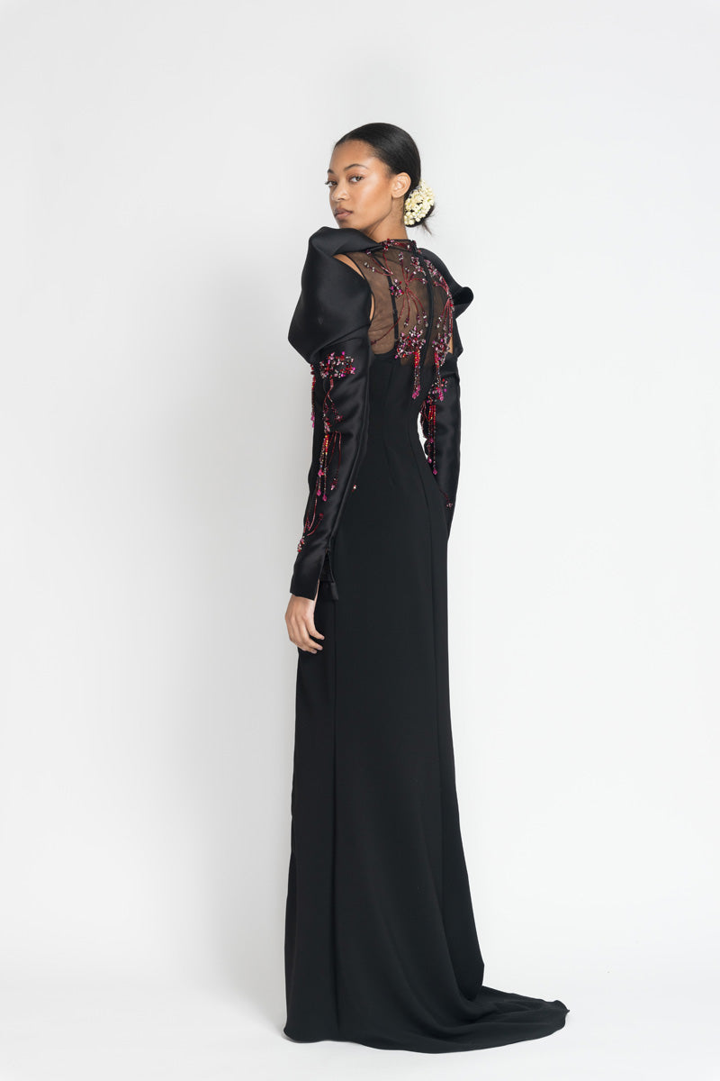 Black Crepe And Tulle Jhoti Embroidery Gown With Drape Gazaar Sleeves 4